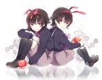  apple back-to-back bad_id bad_pixiv_id black_hair black_legwear food fruit highres male_focus mawaru_penguindrum multiple_boys p0ckylo red_eyes reflection shirase_(mawaru_penguindrum) siblings sitting souya_(mawaru_penguindrum) twins 