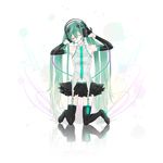  aqua_hair bare_shoulders binary closed_eyes detached_sleeves garter_straps gloves hatsune_miku headphones highres kmgk kneeling listening_to_music long_hair skirt smile solo thighhighs twintails vocaloid zettai_ryouiki 