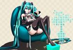  aqua_eyes aqua_hair chair checkered checkered_background detached_sleeves full_body fushichou hatsune_miku headset knees_up long_hair necktie panties pantyshot pantyshot_(sitting) pointing sitting skirt solo striped striped_panties thighhighs twintails underwear very_long_hair vocaloid 