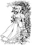  2nakajo7 ahoge armor armored_dress artoria_pendragon_(all) dress excalibur fate/stay_night fate_(series) faulds flower gauntlets greyscale hair_ribbon highres juliet_sleeves lily_(flower) long_sleeves monochrome puffy_sleeves ribbon rose saber solo sword weapon 