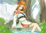  angel bad_id bad_pixiv_id bare_shoulders blue_eyes highres orange_hair original rano red_hair sitting solo wings 