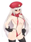  areola_slip areolae beret black_legwear blush breasts covered_nipples elena_trafalgar fingerless_gloves gloves hand_on_hip hat large_breasts long_hair mel/a navel original red_eyes scarf simple_background slingshot_swimsuit solo swimsuit thighhighs very_long_hair white_background white_hair 