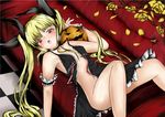  armlet blazblue blonde_hair blush bow breath couch dress flat_chest flower frills hair_bow long_hair lying no_panties on_back open_clothes open_dress open_mouth petals pumpkin rachel_alucard red_eyes rose rose_petals solo spaghetti_strap twintails valiant1227 yellow_flower yellow_rose 
