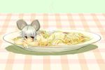  animal_ears blush food grey_hair in_food ishikkoro lying minigirl mouse_ears mouse_tail nazrin nude on_stomach pasta plate red_eyes solo spaghetti tail touhou 