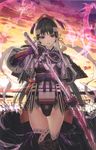  armor artist_request aura black_hair character_request copyright_request gloves headband headdress highres katana long_hair looking_at_viewer magic outdoors pink_eyes red_eyes solo sword thighhighs weapon 