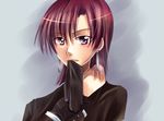  bad_id bad_pixiv_id bazett_fraga_mcremitz earrings fate/hollow_ataraxia fate_(series) formal glove_in_mouth gloves jewelry mole mole_under_eye mouth_hold purple_eyes purple_hair s'y short_hair solo suit upper_body 