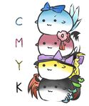  animalization asymmetrical_wings bad_id bad_pixiv_id bow braid btr chibi cirno color-coded flower hair_bow hair_flower hair_ornament hair_ribbon hat hat_ribbon hieda_no_akyuu houjuu_nue kirisame_marisa no_humans rebecca_(keinelove) ribbon snake solid_circle_eyes stacking sukusuku_hakutaku touhou wings 