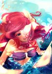  ariel_(disney) bad_id bad_pixiv_id bare_shoulders bikini_top blue_eyes flower hair_flower hair_ornament long_hair mermaid mo_nika monster_girl one-eyed open_mouth petals red_hair solo the_little_mermaid 