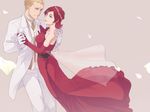  1boy 1girl bad_id bad_pixiv_id blonde_hair blue_eyes dancing dress elbow_gloves fate/zero fate_(series) formal gloves kayneth_el-melloi_archibald red_eyes red_hair short_hair sola-ui_nuada-re_sophia-ri suit white_gloves 