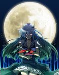  blue_hair breasts cleavage dress ex-keine full_moon gradient_hair green_hair hat hat_removed headwear_removed highres horns kamishirasawa_keine kasu_kazu long_hair medium_breasts moon multicolored_hair red_eyes solo touhou transformation 