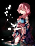 absurdres bad_id bad_pixiv_id bug butterfly flower highres insect japanese_clothes kimono petals pink_eyes pink_hair ravie saigyouji_yuyuko short_hair smile solo standing touhou wading water 
