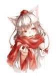  animal_ears detached_sleeves fang hat inubashiri_momiji junwool open_mouth red_eyes red_scarf scarf short_hair silver_hair simple_background smile solo tokin_hat touhou upper_body white_background wolf_ears 