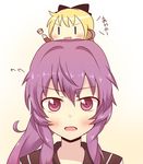  :d bad_id bad_pixiv_id blonde_hair bow chibi chibi_on_head hair_bow komaki multiple_girls nanamori_school_uniform on_head open_mouth purple_eyes purple_hair school_uniform serafuku smile sugiura_ayano toshinou_kyouko translated v-shaped_eyebrows yuru_yuri |_| 