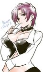  bazett_fraga_mcremitz bow bowtie breasts card card_in_mouth character_name cleavage cleavage_cutout cosplay crop_top croupier fate/hollow_ataraxia fate_(series) kifumi large_breasts midriff mole mole_under_eye mouth_hold purple_hair rio_rollins rio_rollins_(cosplay) solo super_blackjack vest yellow_eyes 