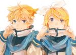  1girl 8'108 blonde_hair blue_eyes blue_scarf brother_and_sister cosplay hair_ribbon kagamine_len kagamine_rin kaito kaito_(cosplay) looking_at_viewer ribbon scarf short_hair siblings simple_background smile twins vocaloid 