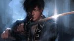  bad_id bad_pixiv_id black_hair brown_eyes cigarette gintama glint hair_over_one_eye hijikata_toushirou jacket katana male_focus rain shinsengumi_(gintama) smoking solo sword tkr_(lovedelic99) weapon 