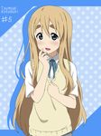  blonde_hair blue_eyes blush character_name eyebrows ikari_manatsu k-on! kotobuki_tsumugi long_hair polka_dot polka_dot_background ribbon school_uniform solo sweater_vest very_long_hair 