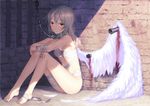  bandages barefoot bdsm blood bondage bound breasts brick_wall chain chained feathers feet floor hands_on_own_knees ixi light_rays nail naked_bandage open_mouth orange_eyes original shadow silver_hair single_wing sitting small_breasts solo sunbeam sunlight white_wings wings 