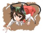  akagashi_hagane animal_ears bad_id bad_pixiv_id bent_over brown_eyes brown_hair cat_ears cat_tail chen fingernails hat long_fingernails multiple_tails nail_polish simple_background solo tail touhou 