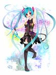  :d aqua_hair arm_up armpits boots hatsune_miku head_tilt headset highres leg_lift long_hair necktie open_mouth red_eyes skirt smile solo tell_your_world_(vocaloid) thigh_boots thighhighs twintails very_long_hair vocaloid wakatsuki_you 