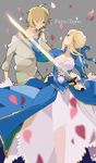  1girl artoria_pendragon_(all) bad_id bad_pixiv_id blonde_hair blue_eyes dress excalibur fate/zero fate_(series) gilgamesh hair_ribbon jewelry kurohal long_hair necklace petals red_eyes ribbon saber 