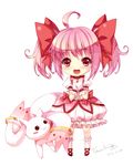  2012 :3 :d bow bubble_skirt chibi choker dated full_body gloves grandia_bing hair_ribbon huge_bow kaname_madoka kneehighs kyubey magical_girl mahou_shoujo_madoka_magica mary_janes no_nose open_mouth pink_hair red_eyes ribbon shoe_ribbon shoes short_hair short_twintails signature simple_background skirt smile twintails white_background white_gloves white_legwear white_skirt 