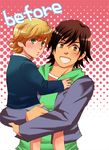  barnaby_brooks_jr blonde_hair brown_eyes brown_hair carrying child green_eyes hood hoodie jacket kaburagi_t_kotetsu male_focus mori84 multiple_boys open_mouth short_hair shorts tiger_&amp;_bunny time_paradox younger 