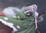  ascot black_hairband dress flower green_eyes hair_ribbon hairband hitodama katana konpaku_youmu konpaku_youmu_(ghost) ribbon short_hair silver_hair solo sudakei sword torn_clothes touhou weapon 