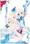  absurdres aqua_eyes barefoot blonde_hair bow bug butterfly copyright_request flower hair_flower hair_ornament highres insect knife mizu mouth_hold petals scepter sitting solo wristband 
