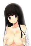  bad_id bad_pixiv_id bare_shoulders black_eyes black_hair breasts covering covering_breasts huge_breasts long_hair looking_at_viewer midorikawa_you off_shoulder original smile solo upper_body 