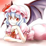  bat_wings blue_hair fang hat looking_at_viewer lying on_stomach pakuchii red_eyes remilia_scarlet smile solo touhou wings 