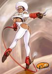  afro areola_slip areolae ass ass_cutout black_gloves boots breasts crop_top dark_skin ez6 forehead_protector fur_trim gloves knife large_breasts pixiv_fantasia red_eyes ribbon solo standing standing_on_one_leg thighhighs twisted_torso underboob white_hair 