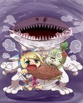  anger_vein arzuros_(armor) bad_id bad_pixiv_id blonde_hair boned_meat cave cha-cha drooling food gigginox green_eyes mask meat monster monster_hunter monster_hunter_3_g ponta_(bokuiki!) sharp_teeth steam teeth 