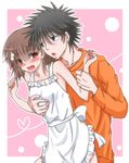  1girl apron bad_id bad_pixiv_id bare_shoulders black_hair blue_eyes blush brown_eyes brown_hair couple flower groping hair_flower hair_ornament hetero hiro_(hirohiro31) kamijou_touma misaka_mikoto naked_apron open_mouth short_hair to_aru_kagaku_no_railgun to_aru_majutsu_no_index 