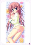  1girl :o absurdres ass blue_eyes blush breasts breasts_outside flower highres long_hair looking_at_viewer lying moribe_(rabumanyo) nipples no_pants on_side open_mouth original panties panty_pull pink_hair pink_panties scan solo underwear 