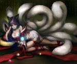  ahri animal_ears arm_support bare_shoulders blue_eyes breasts cleavage facial_mark fox highres korean_clothes large_breasts league_of_legends long_hair lying multiple_tails on_side orb purple_hair solo tail whisker_markings youshun_(naturaljuice) 