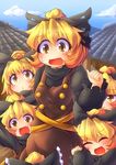  ^_^ blonde_hair blush bow breasts brown_eyes clone closed_eyes cloud day dress fang fun_bo hair_bow jitome kurodani_yamame multiple_girls multiple_persona open_mouth ponytail ribbon rooftop short_hair sky small_breasts smile sweatdrop touhou yellow_eyes younger 