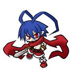  antenna_hair blue_hair bracelet disgaea grin jewelry laharl lowres male_focus navel pointy_ears red_eyes red_scarf red_shorts scarf shorts smile solo sword weapon yanagi_(nurikoboshi) 