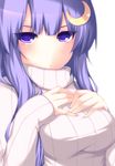  alternate_costume bad_id bad_pixiv_id breast_suppress breasts crescent crescent_hair_ornament hair_ornament kabata_(mechisan) large_breasts long_hair looking_at_viewer patchouli_knowledge purple_eyes purple_hair ribbed_sweater simple_background solo sweater touhou upper_body 