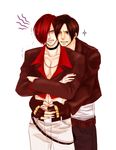  2boys angry brown_eyes brown_hair collar gloves king_of_fighters kusanagi_kyo kusanagi_kyou male male_focus multiple_boys red_hair smile snk white_background yagami_iori yaoi 