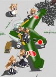  ahoge aircraft airplane animal_ears brown_hair cana canopy cat_ears cat_tail from_above goggles goggles_on_head jet katsuodori_ramjet_plane long_hair maid military multiple_girls original tail tree world_war_ii 