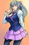  aquarion_(series) aquarion_evol arm_behind_back bespectacled black_legwear blush breasts cleavage cosplay glasses hair_ribbon large_breasts long_hair looking_at_viewer magatama mix_(aquarion) mix_(aquarion)_(cosplay) older open_mouth pantyhose ponytail puffy_sleeves red_eyes ribbon rozen_maiden silver_hair skirt solo suigintou tsuda_nanafushi 