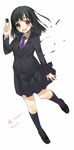  bad_id bad_pixiv_id black_eyes black_hair kippu mahjong mahjong_tile necktie pleated_skirt saki school_uniform short_hair skirt solo touyoko_momoko tsuruga_school_uniform 