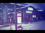  alr1946 black_hair boots hands_in_pockets jacket lights long_hair original photo_(object) sign skirt snow snowing third-party_edit train_station vending_machine 