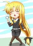  blonde_hair blush blush_stickers brown_legwear chibi closed_eyes diesel-turbo fate_testarossa hair_ribbon long_hair low-tied_long_hair lyrical_nanoha mahou_shoujo_lyrical_nanoha_strikers military military_uniform open_mouth pantyhose pencil_skirt ribbon sigh skirt solo tsab_executive_military_uniform uniform very_long_hair 