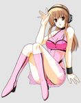  baek_changpo bare_shoulders boots bra bracelet breasts brown_hair cleavage dress full_body halterneck happy headphones hoshi_(ho4_no) jewelry knee_boots knees_together_feet_apart large_breasts lingerie long_hair navel panties pantyshot pantyshot_(sitting) pink_footwear pink_legwear pink_panties see-through senkou_no_ronde short_dress simple_background sitting solo strapless strapless_bra underwear waving yellow_eyes 