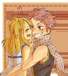  1girl bad_id bad_pixiv_id blonde_hair blush closed_eyes couple english fairy_tail grin hetero long_hair lucy_heartfilia natsu_dragneel one_side_up open_mouth scarf sleeveless smile spiked_hair tadano_kandume 