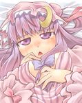  bow breasts chestnut_mouth crescent hat highres long_hair medium_breasts nyagakiya open_clothes open_shirt patchouli_knowledge purple_eyes purple_hair shirt solo touhou upper_body 