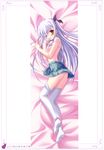  absurdres blush bra clenched_teeth copyright_request d; dakimakura full_body highres lying on_side one_eye_closed open_mouth panties panty_pull pink_bra pink_panties purple_hair solo tanihara_natsuki teeth thighhighs thighhighs_pull underwear white_legwear yellow_eyes 