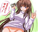  alcohol blush bottomless brown_hair can groin long_hair original out-of-frame_censoring purple_eyes ribbed_sweater solo sweater translated tsuzuri_(tuzuri) turtleneck 